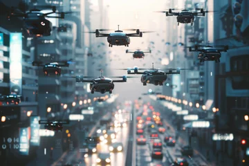 Fotobehang A bunch of drones are flying over a city street © MagnusCort