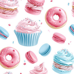 Seamless illustration pattern with sweet dessert: cream muffins, donuts, macarons on white background. Sweet treats cakes. Design for wallpapers, wrapping paper, poster or cover. AI Generative