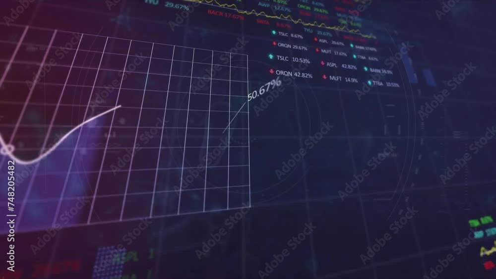 Aufkleber animation of network floating over graph and charts processing data on black background