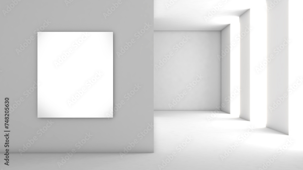 Poster a mockup frame on a white background with white corridor stairs.,3d rendering