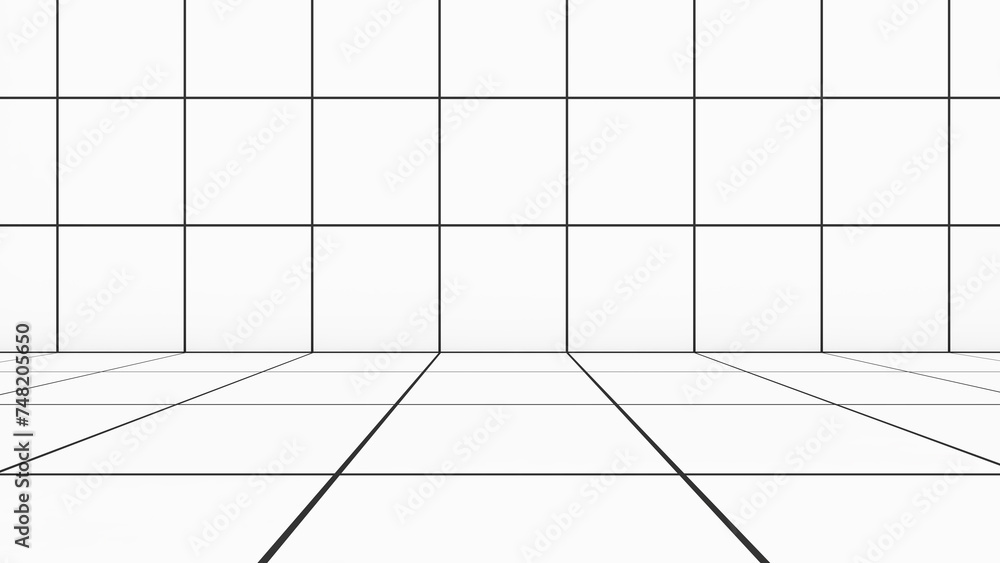 Poster a grid of lines in an empty, white room serves as a visual cue. ,a space with a distance-measuring g