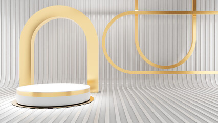 white pedestal on white back flap neon light gold frame,mock up podium for product presentation,3D rendering