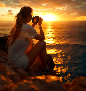 A woman sitting on a rock looking at the sunset with a camera in her hand. Ai generated.