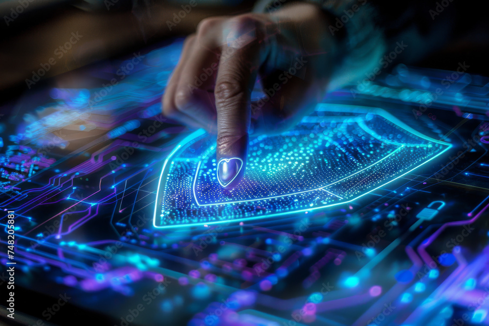 Poster a person 's finger is pointing at a glowing shield on a computer screen