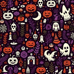Halloween Night Seamless Pattern with Spooky Elements