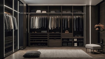 here are shelves, rods, and drawers in this contemporary, minimalist men's wardrobe, Accessory...
