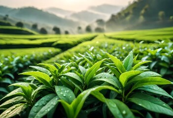 Fototapeta premium Green tea plantation in the mountains.