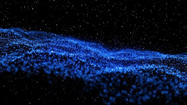 Animation of undulating glowing blue network and white particles on black background