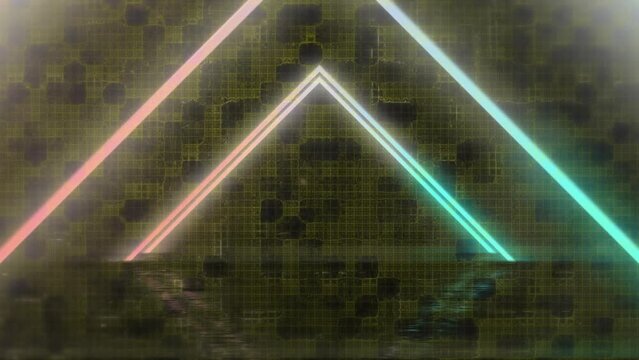 Animation of pink and blue neon triangles advancing over textured camouflage grid
