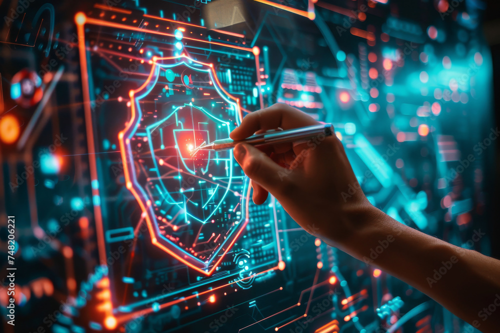 Poster a hand is pointing at a shield on a computer screen