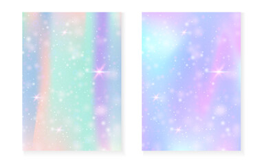 Kawaii background with rainbow princess gradient. Magic unicorn hologram. Holographic fairy set. Colorful fantasy cover. Kawaii background with sparkles and stars for cute girl party invitation.