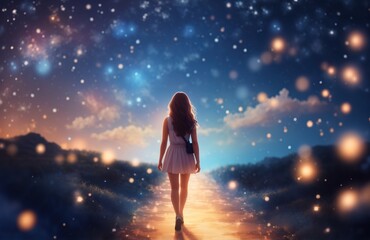 Illustration of a girl walking into a dream pathway