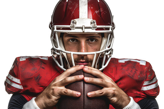 American football player holding ball isolated on transparent background. Generative ai