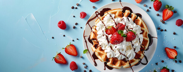 Waffles with whipped cream, strawberries and chocolate sauce on light blue background Top view space to copy.