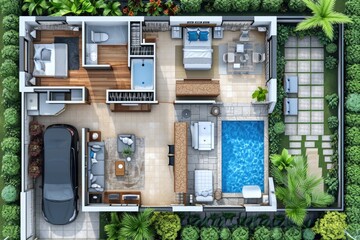 Modern and sleek floor plan of a minimalist house seen from above, emphasizing simplicity and functionality in architectural design. - obrazy, fototapety, plakaty