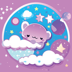craft a whimsical space scene where stars, planets, and dream clouds come together, vector illustration kawaii