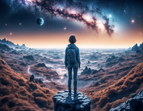 A woman stands on a cliff, looking out at a starry sky and a river of clouds. Awe, wonder, achievement, success concept. 