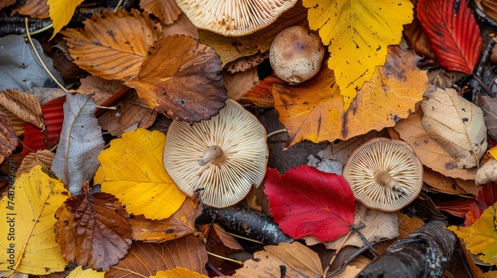 Poster a macro shot of a of wild mushrooms nestled ast fallen leaves and twigs varied shapes sizes and colo
