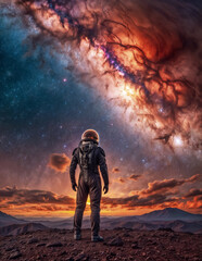 An astronaut stands on a hilltop overlooking a vast, colorful sky filled with stars and a galaxy. Space exploration. 