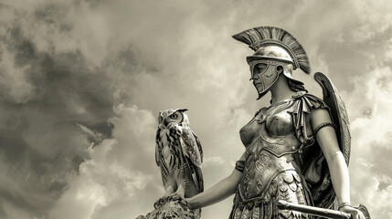 Athena in battle armor standing wise and valiant atop the Acropolis owl by her side embodying wisdom and war