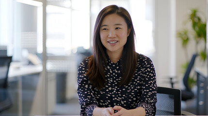 A portrait of a woman in an office being interviewed