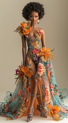 Doll representing a black girl posing as a fashion model with an elegant dress decorated with flowers.