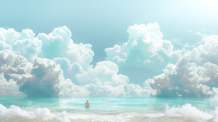 A surreal beach scene where the ocean merges with the sky and swimmers float between clouds