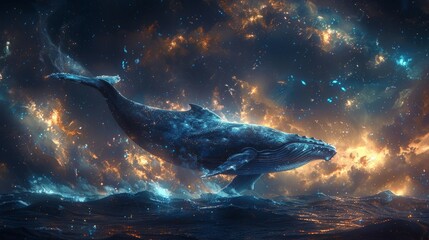 A huge whale underwater in a surreal style. Fantasy or a magical world. Daydream