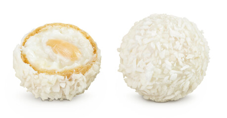 round candy raffaello with coconut flakes and nut isolated on white background