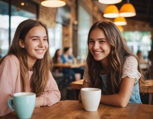 Two teenage girls in a cafe