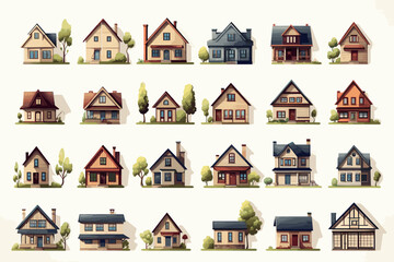 Vibrant and eye-catching house front icon collection, offering a variety of cottage designs and residential houses suitable for different uses.