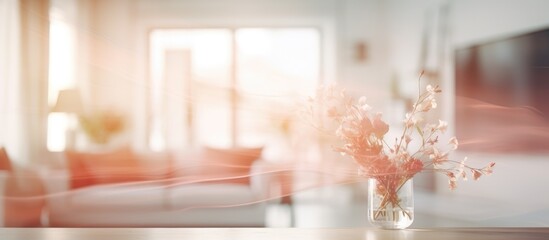 In a modern living room, a vase filled with colorful flowers sits on a wooden table. The blurred decor in the background adds to the minimalist aesthetic of the space.