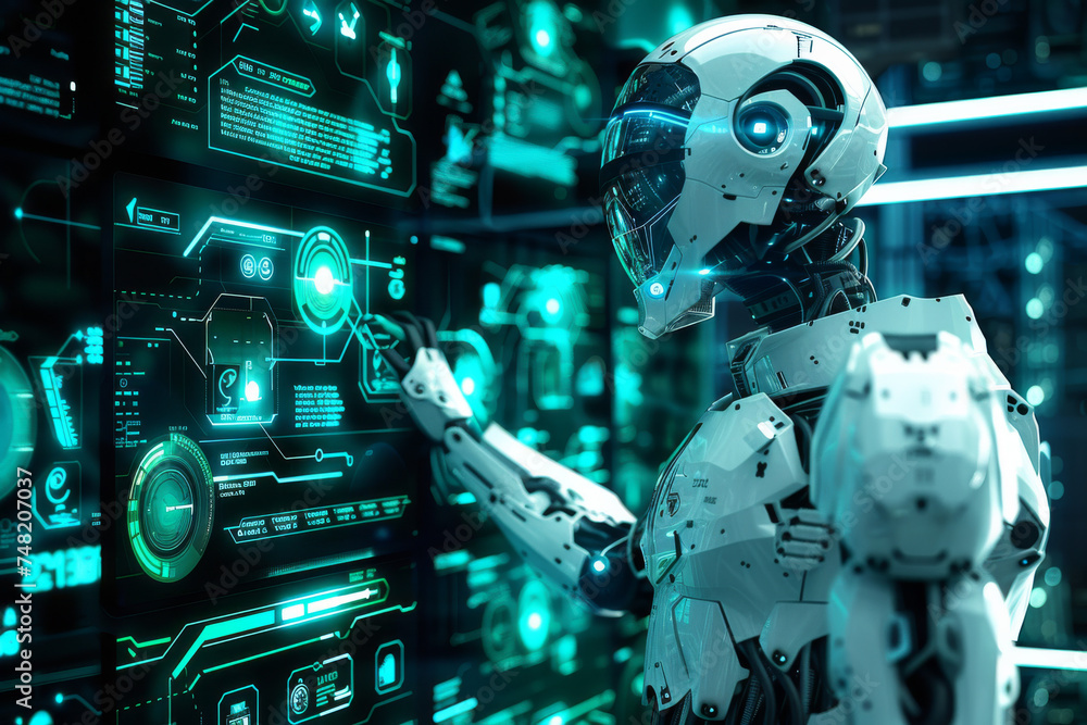 Poster a robot is looking at a screen that has the word test on it