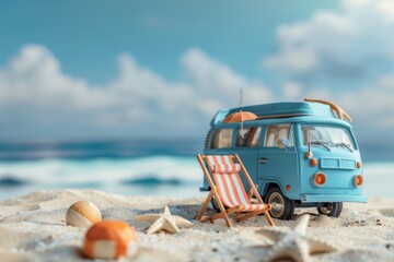 Vintage blue van on a sandy beach with beach chair and colorful seashells, capturing the spirit of summer travel and adventure. - obrazy, fototapety, plakaty