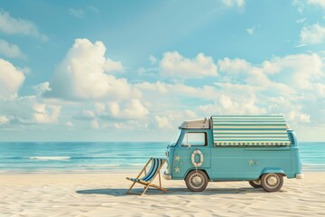 Vintage blue van parked on a sandy beach with a striped deck chair, set against a backdrop of a clear sky, encapsulating the spirit of summer travel.