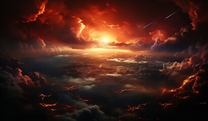 a fiery sky with clouds and a shooting star. The sky is ablaze with color, with hues of red, orange, and yellow. The clouds are puffy and white - obrazy, fototapety, plakaty