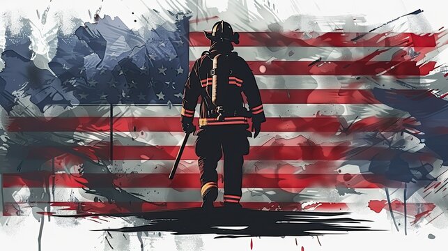 American flag with a silhouette of a firefighter in action