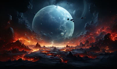 Fotobehang a planet surrounded by lava, with a nebula in the background. The planet is a fiery inferno, with rivers of molten lava flowing down its surface. © wiwid