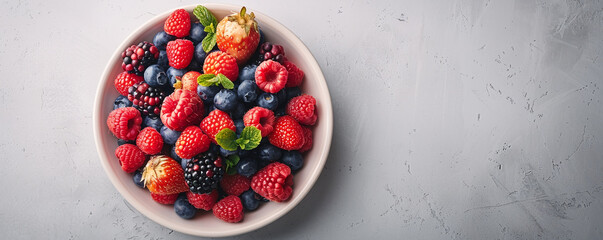 A bowl of vibrant mixed berries on a white table. Overhead shot with a touch of natural sunlight...