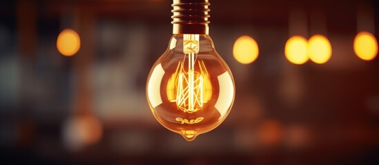 A retro light bulb with an illuminated filament is hanging from the ceiling in a room, providing lighting to the space.