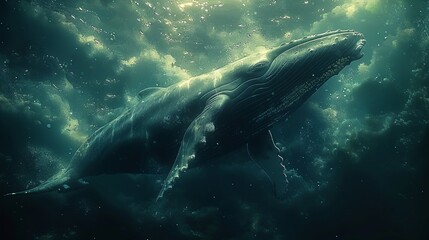 Fototapeta premium A huge whale underwater in a surreal style. Fantasy or a magical world. Daydream