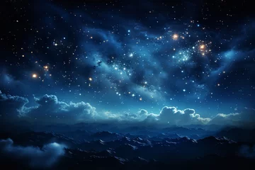 Foto op Plexiglas Breathtaking photo of a night sky filled with stars and clouds over a mountain range. The stars are bright and vibrant, and the Milky Way galaxy is clearly visible overhead. © wiwid