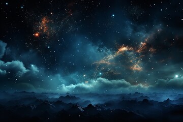 a night sky filled with stars and clouds, with a mountain range in the distance. The stars are bright and vibrant, and they create a sense of wonder and mystery. - obrazy, fototapety, plakaty