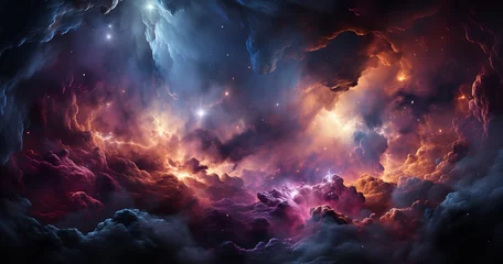 Foto op Plexiglas colorful clouds in the night sky, with a crescent moon hanging overhead. The clouds are a cosmic canvas of vibrant colors, including red, blue, and green. © wiwid