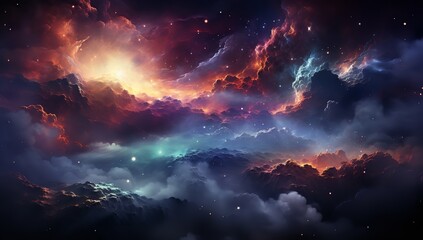 colorful clouds in the night sky, with a crescent moon hanging overhead. The clouds are a cosmic canvas of vibrant colors, including red, blue, and green.