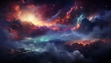 Foto op Canvas colorful clouds in the night sky, with a crescent moon hanging overhead. The clouds are a cosmic canvas of vibrant colors, including red, blue, and green. © wiwid