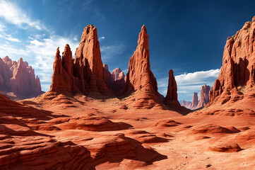Majestic red rock formations under blue skies, summertime. Scenic view of towering red rock formations in desert under clear blue skies. Nature wildlife concept. Copy ad text space. Generated Ai
