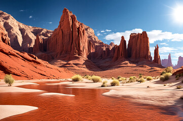 Majestic red rock formations under blue skies, summertime. Scenic view of towering red rock formations in desert under clear blue skies. Nature wildlife concept. Copy ad text space. Generated Ai