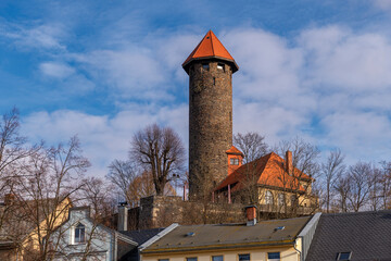 Castle tower with red tiled roof in Auerbach, Vogtland, Germany