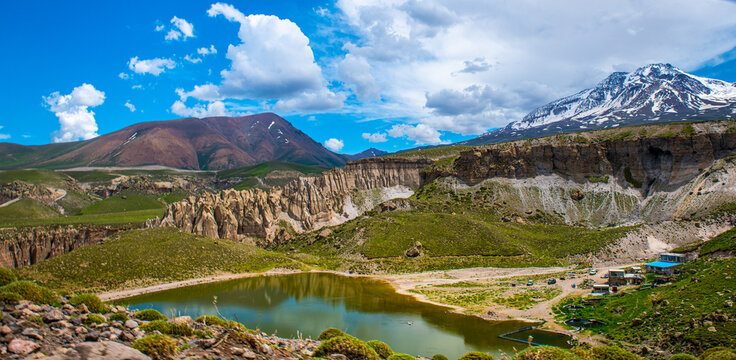 Expansive View of At Goli Pond with Snow-Capped Mount Sabalan, Ardabil Province, Iran